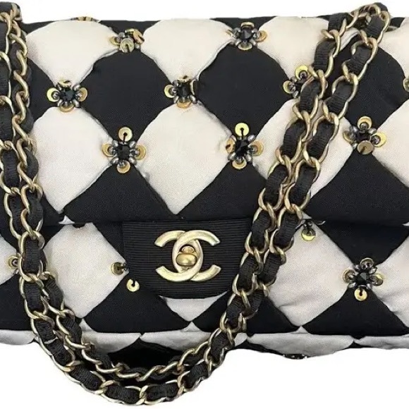 Black & White Checkered Chanel “Le Boy” Style Gold Champagne Swarovski Crystal - Picture 17 of 17